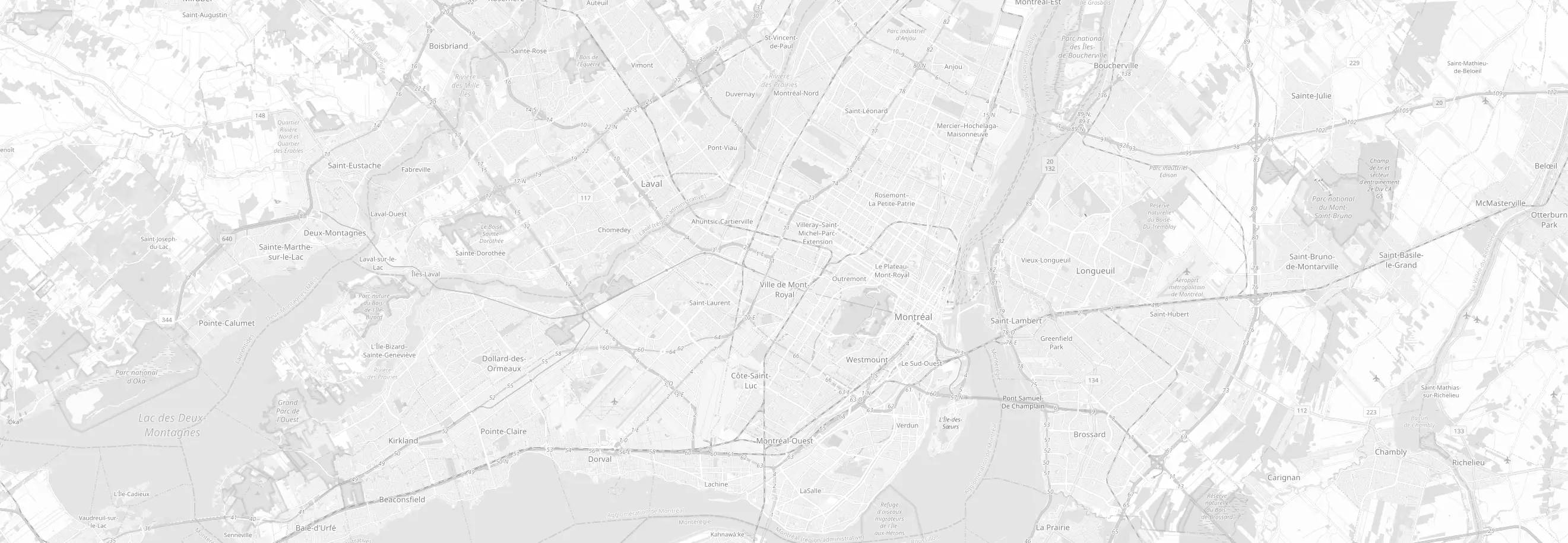Carte de la région de Montréal montrant les 8 succursales du Centre des Viandes F. Iasenza à Montréal, Laval et Longueuil
